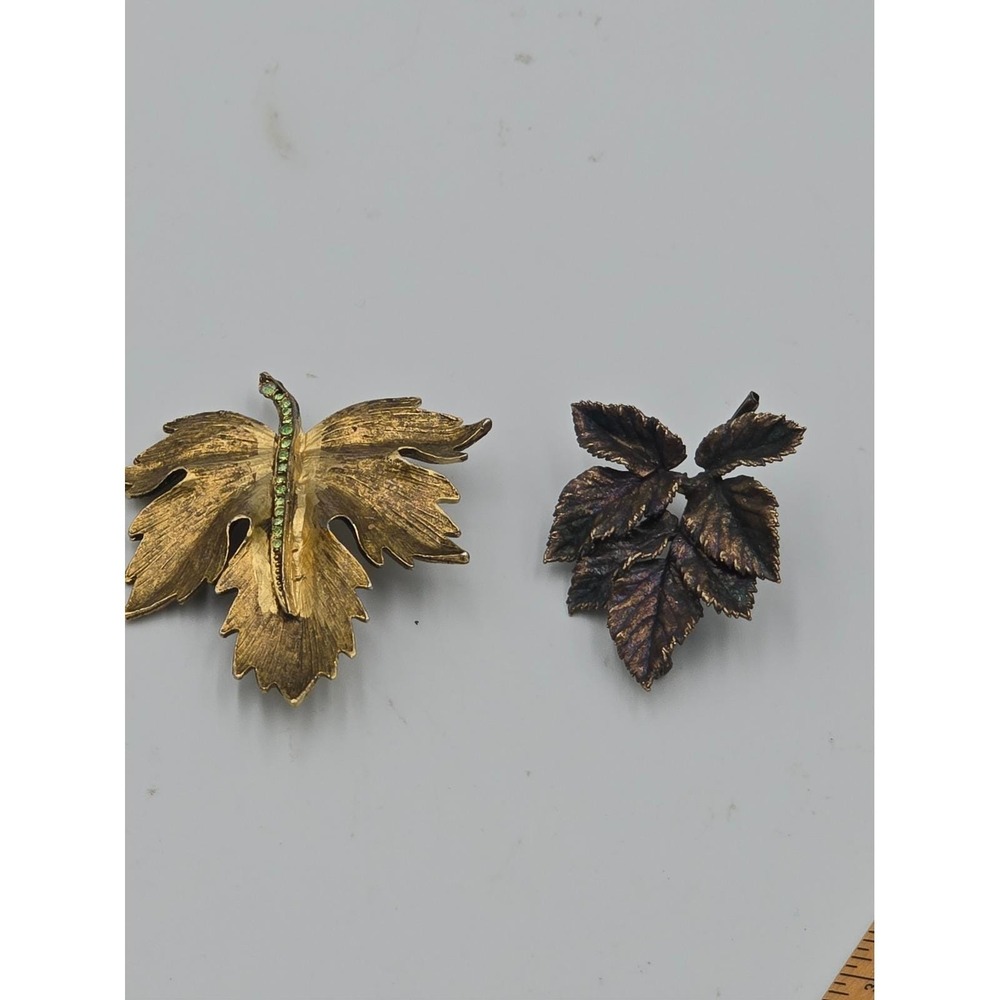 Vtg Autumn Leaf Brooch Lot Gold Tone Rhinestone Maple & Antiqued Bronze Cluster - Picture 2 of 8